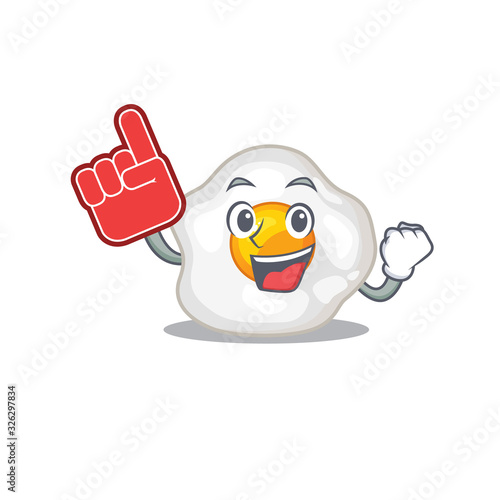 A picture of fried egg mascot cartoon design holding a Foam finger