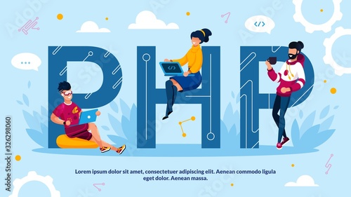 PHP Programming Language and Software Development Advertisement. Capital Letter and tiny Man Woman Programmer Team Working on Laptop, Drinking Coffee Design. Technology Process with Script Code