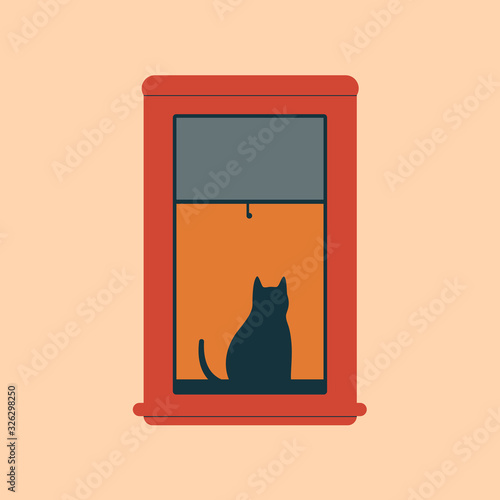 Black cat sitting near open red window in the evening. Vector illustration