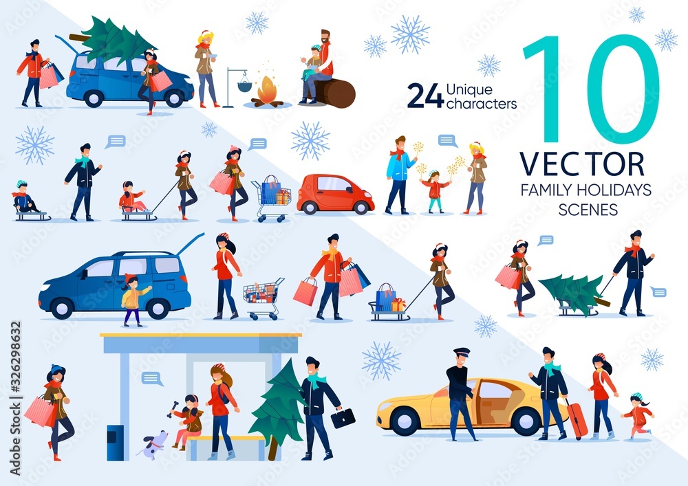 Naklejka premium Christmas and New Year Family Celebration, Winter Vacation Leisure Trendy Flat Vector Scenes Set. Parents with Children Shopping Gifts for Holidays, Riding Sled, Buying Christmas Tree Illustrations
