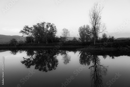 A perfectly symmetric view of a lake, with trees reflections on water