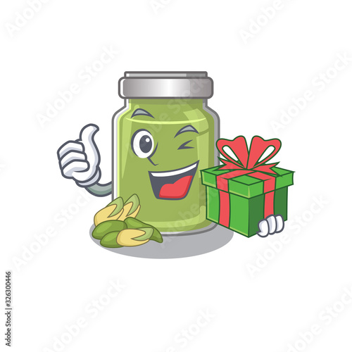 Happy pistachio butter character having a gift box