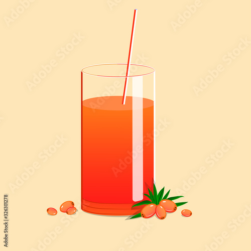 Fresh sea buckthorn juice with straws. Berry juice on a light background. Juice vector illustration.