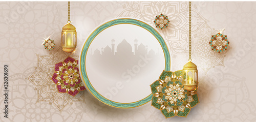 Canvas-taulu Ramadan kareem with golden ornate crescent and islamic line mosque dome with cla