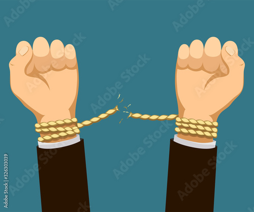 Human hands are tied with a rope. Man is tearing shackles