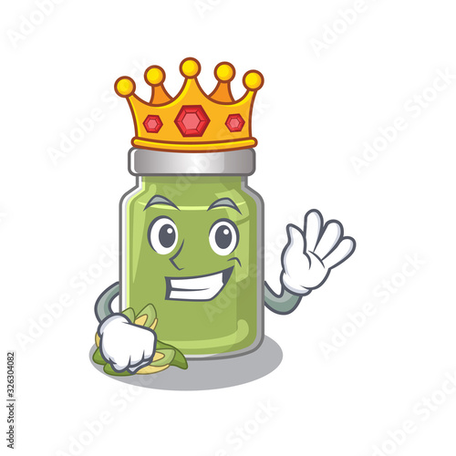 A cartoon mascot design of pistachio butter performed as a King on the stage