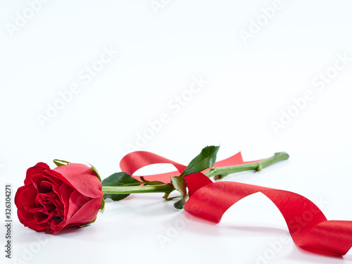 Single red rose with red ribbon.
