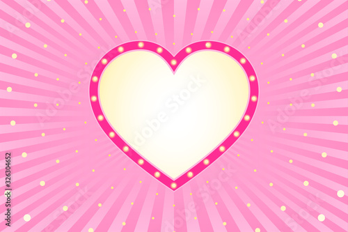 Pink rose background with sunbeams, dynamic flying dots. Illuminated make up mirror frame with golden lamps. Elegant shine heart picture. Invitation card template (party birthday invite). Comic circus