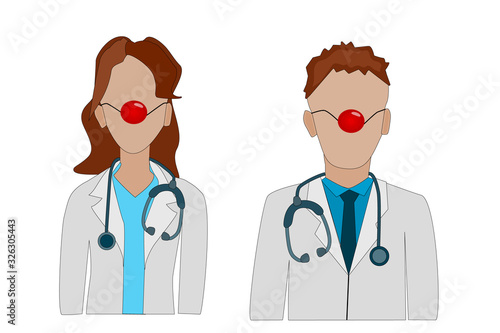 Red Nose Day. Doctor with a red clown nose in a white coat with a stethoscope isolated on white background. Health workers wearing a red nose. Doctors Day. Medical event. Stock vector illustration