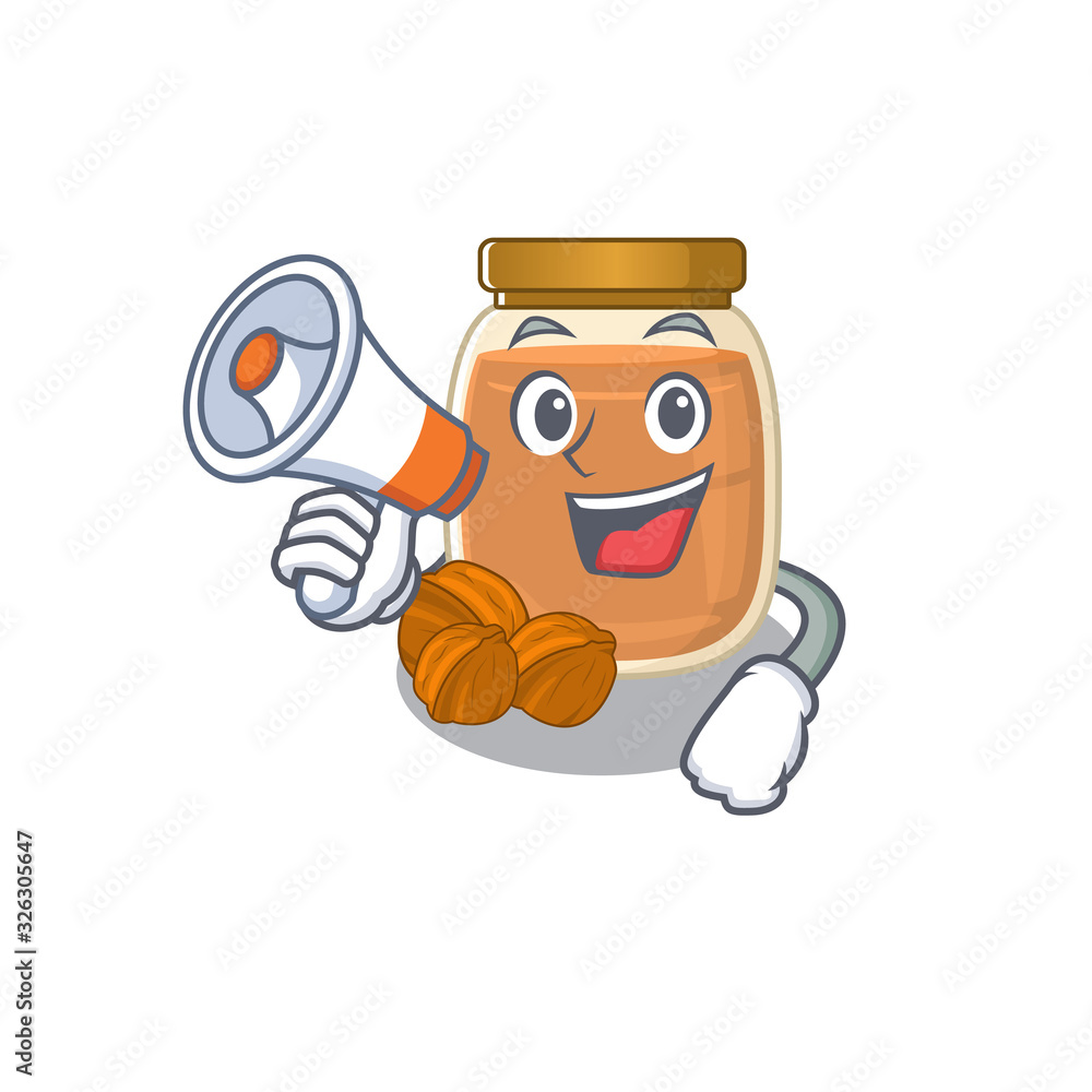 A mascot of walnut butter speaking on a megaphone