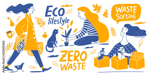 Eco lifestyle motivational vector design with zero waste doodle elements and lettering