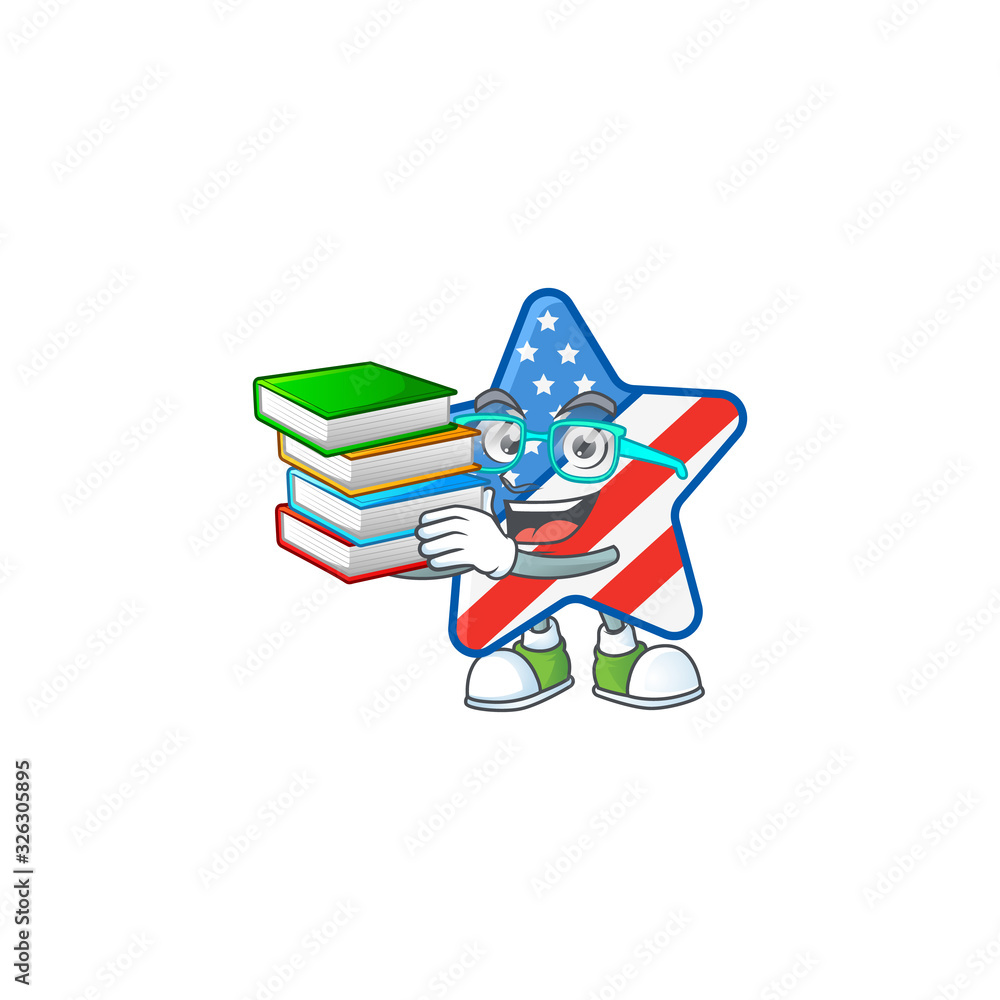 A brainy clever cartoon character of USA star studying with some books