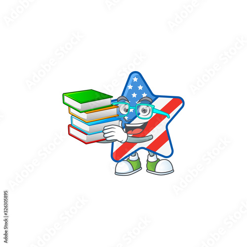 A brainy clever cartoon character of USA star studying with some books