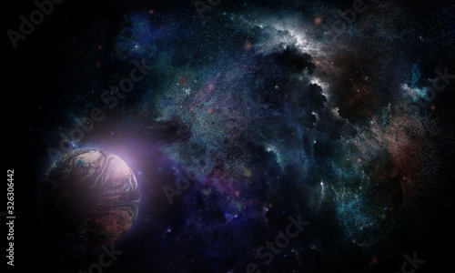 abstract space illustration, 3d image, planet earth in the colored light of a star nebula