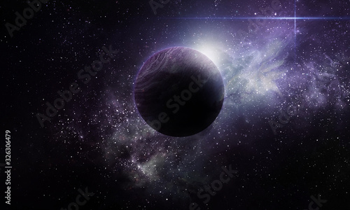 Fototapeta Naklejka Na Ścianę i Meble -  abstract space illustration, 3d image, planet in purple star radiance