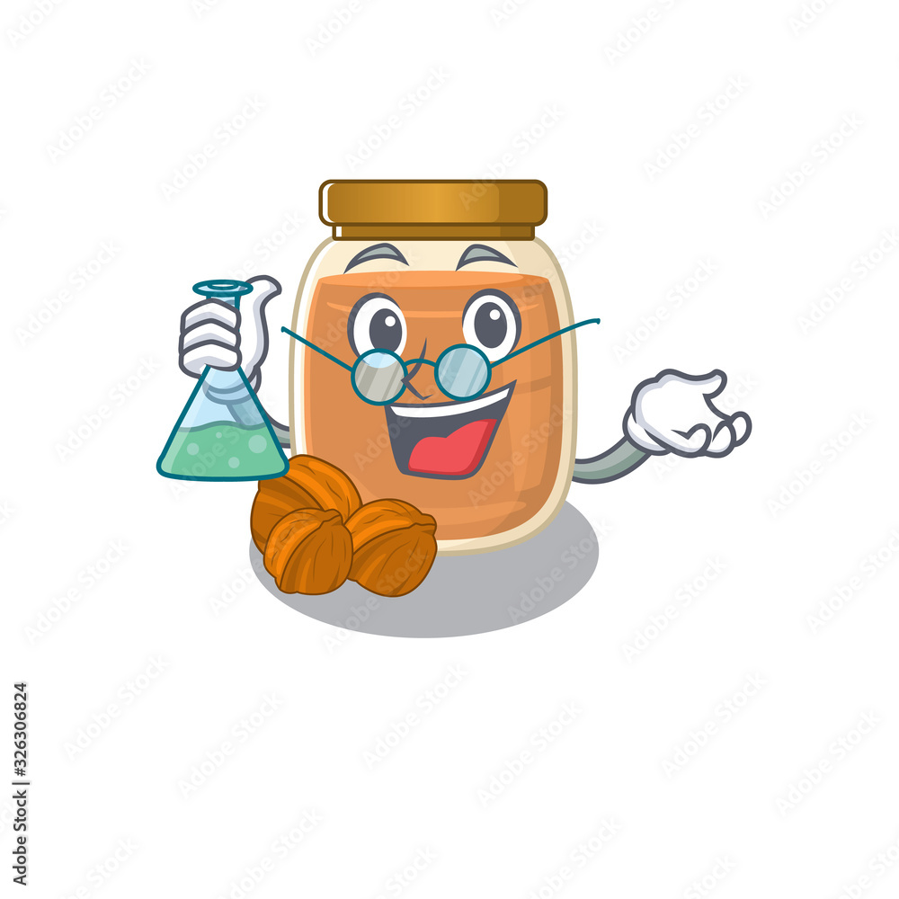 Cool walnut butter Professor cartoon character with glass tube