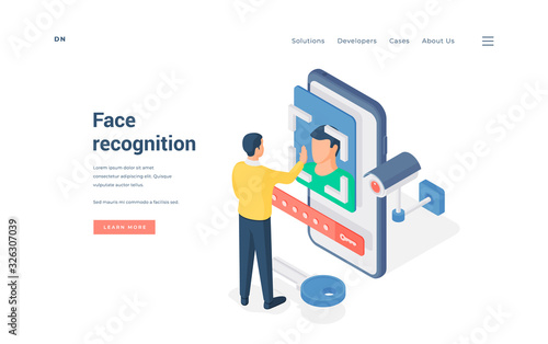 Man testing face recognition app. Isometric vector illustration