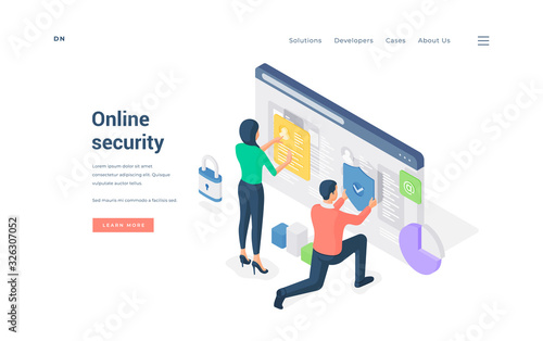 People browsing protected website together. Isometric vector illustration
