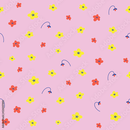 Small flower background, pink backdrop with little hand drawn doodle flowers, simple modern ornament, good as print or wrapping paper.