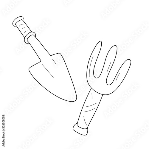 Garden shovel and rake fork, equipment for digging and raking ground, tool for farming and gardening, small spade. Simple hand drawn isolated doodles, modern cartoon vector illustration