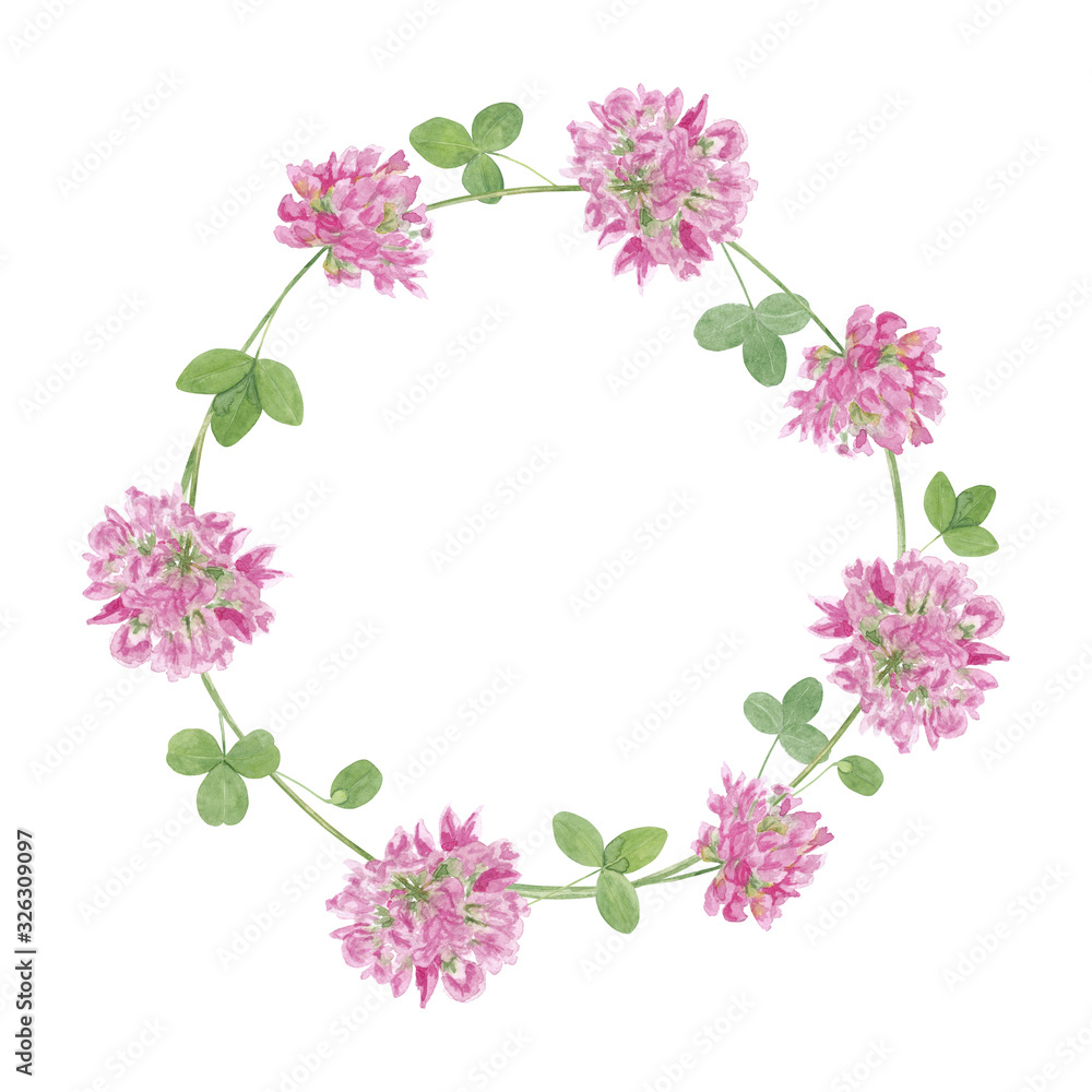 Watercolor hand drawn wreath with wild meadow red clover flowers and leaves isolated on white background. Round frame with copy space good for summer design. Watercolor hand drawn wreath with wild meadow red clover flowers and leaves isolated on white background. Round frame with copy space good for summer design.