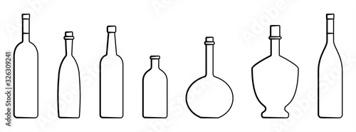 Set Of Bottles Of Different Shapes With A Narrow Neck. Glass Bottles For Various Drinks; Different Liquids. Vector Image Isolated On A White Background.