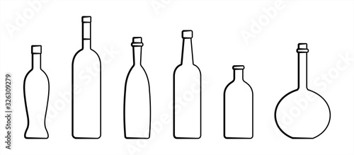Set Of Bottles Of Different Shapes With A Narrow Neck. Glass Bottles For Various Drinks  Different Liquids. Vector Image Isolated On A White Background.