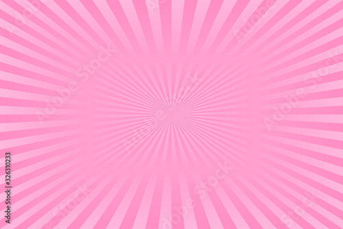 Pink rose light burst background with sunbeams. Invitation card template (party birthday invite). Comic retro circus poster BG. Baby girl. Backstage banner. Trendy stripes sun. Sweet romantic pop art