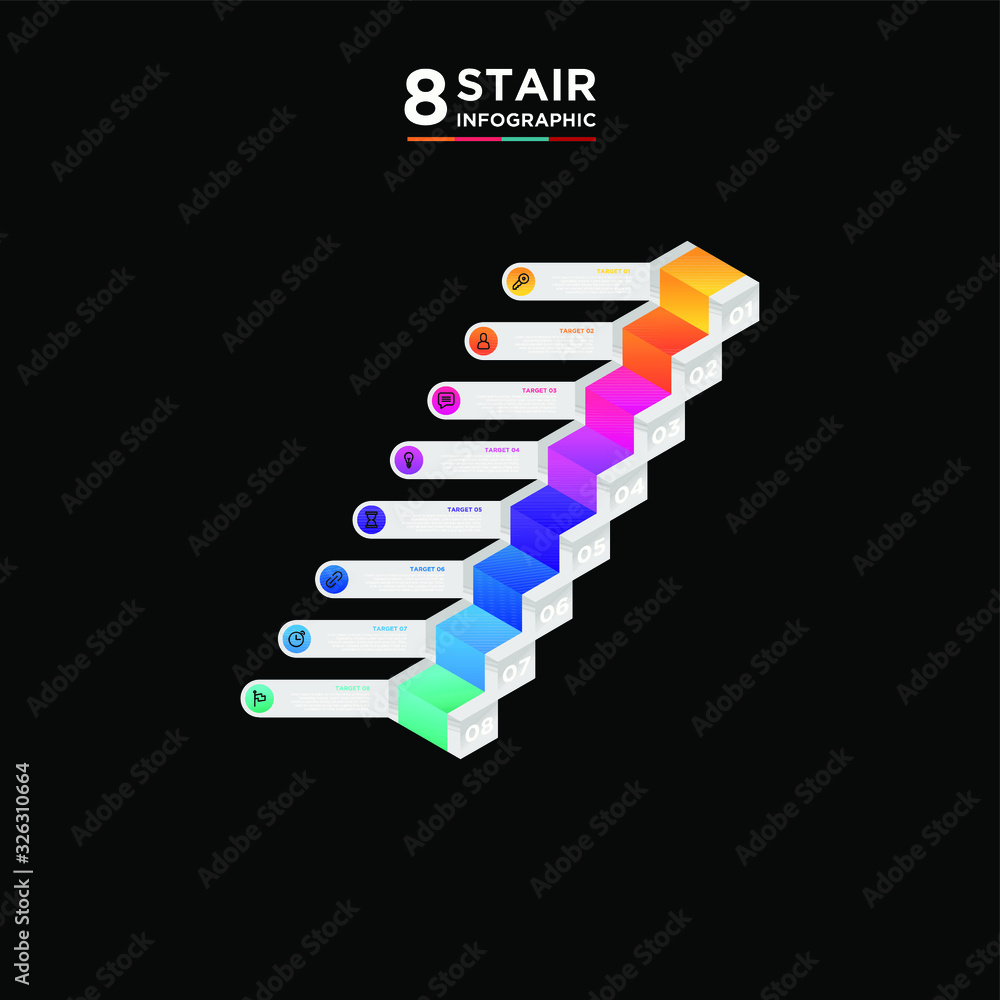 8 stair step timeline infographic element. Business concept with eight