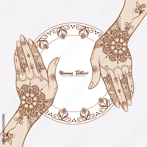 Female hands with traditional indian henna tattoo. Template for tottoo salon banner, wedding invitation, gift voucher, label. Vector illustration.