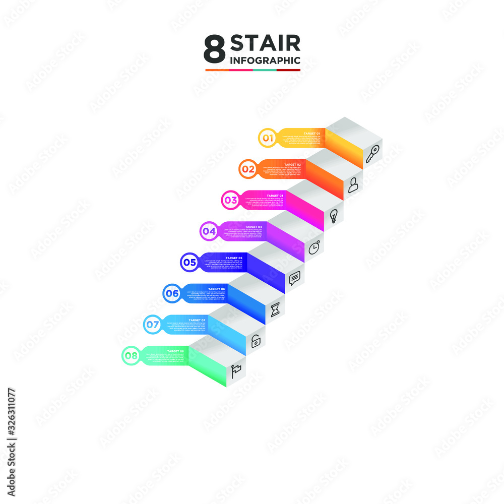 8 stair step timeline infographic element. Business concept with eight