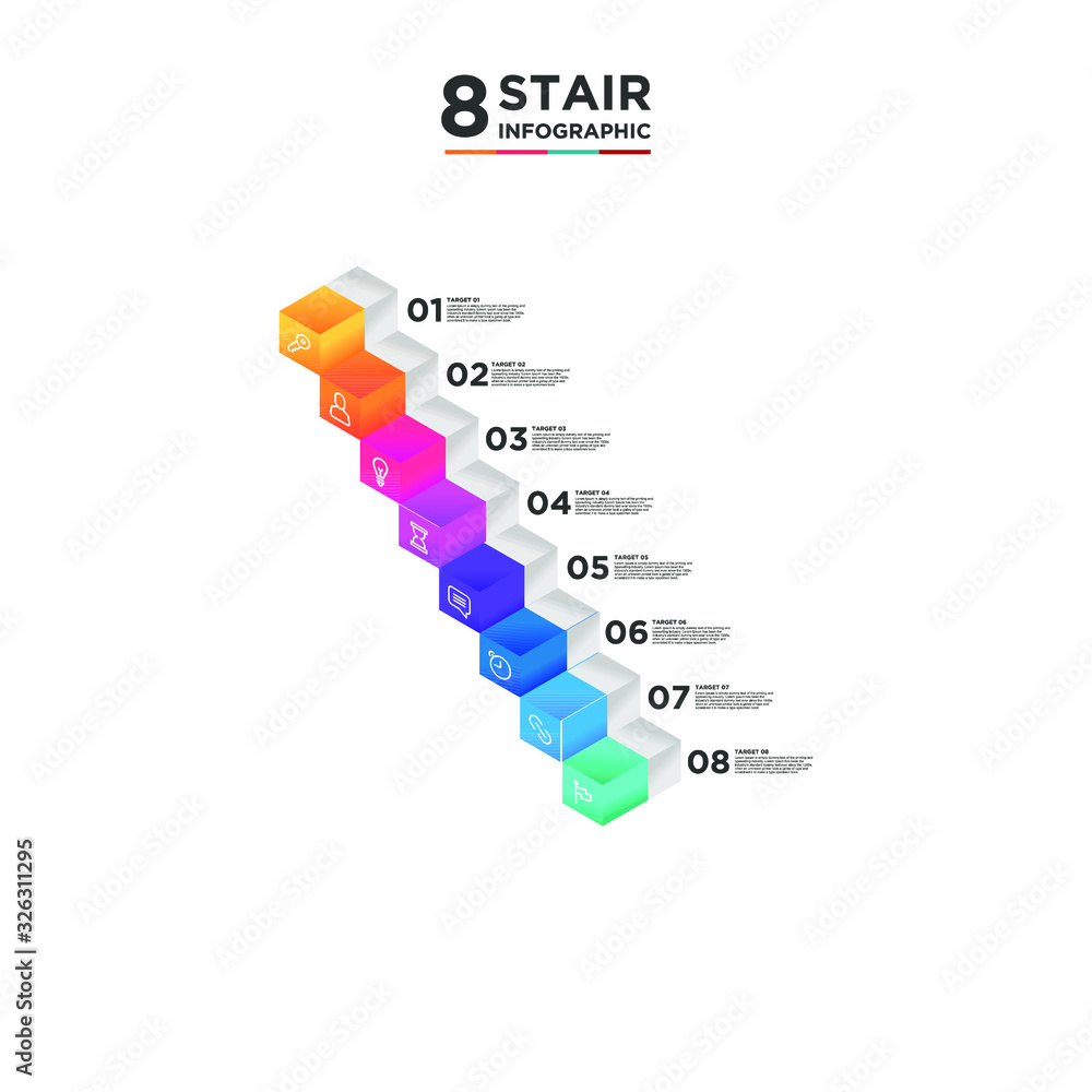 8 stair step timeline infographic element. Business concept with eight