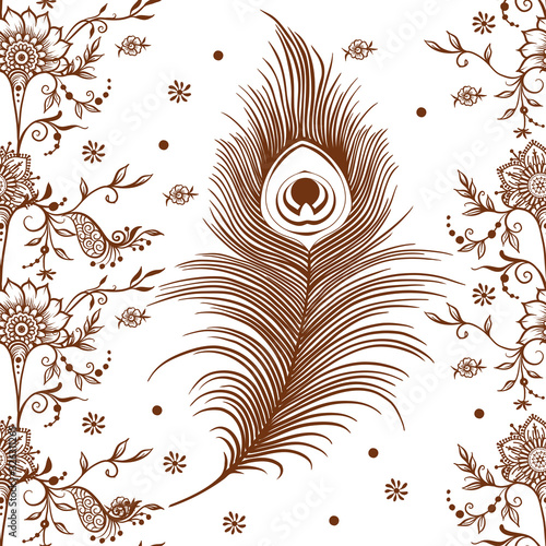 Peacock feathers in eastern ethnic style, mehendi, traditional indian henna floral ornament. Seamless pattern, background. Vector illustration.