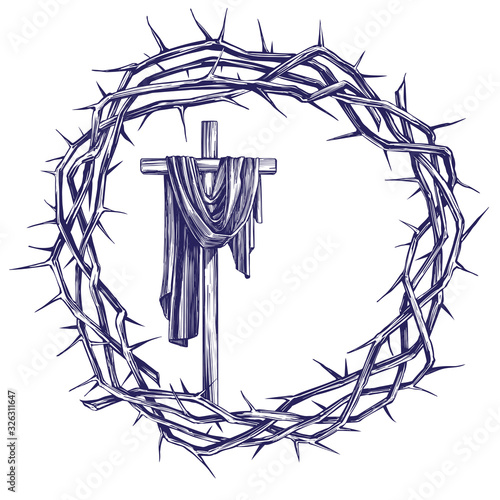 cross and crown of thorns, easter religious symbol of Christianity hand drawn vector illustration sketch