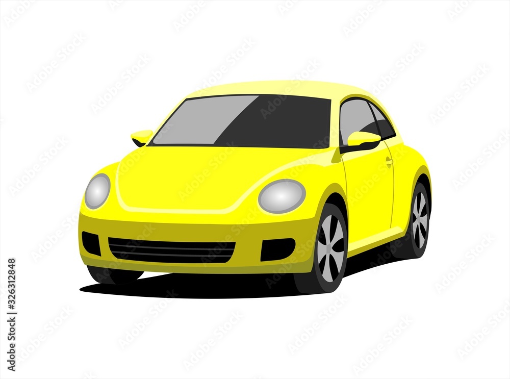 A Small Car, Front view, Three-quarter view. Yellow Car With A Rounded Body. Сompact Сity Сar. Vector Image Isolated On white background.