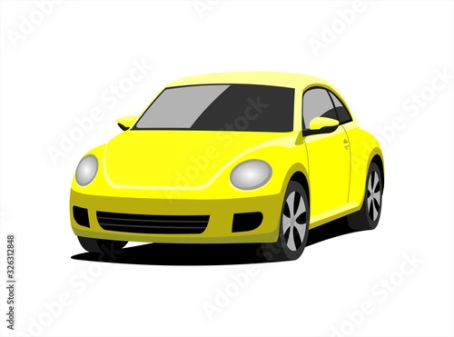 A Small Car  Front view  Three-quarter view. Yellow Car With A Rounded Body.   ompact   ity   ar. Vector Image Isolated On white background.