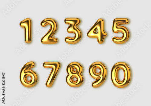 Realistic 3d font gold numbers. Number in the form of golden balloons. Template for products, advertizing, web banners, leaflets, certificates and postcards. Vector illustration