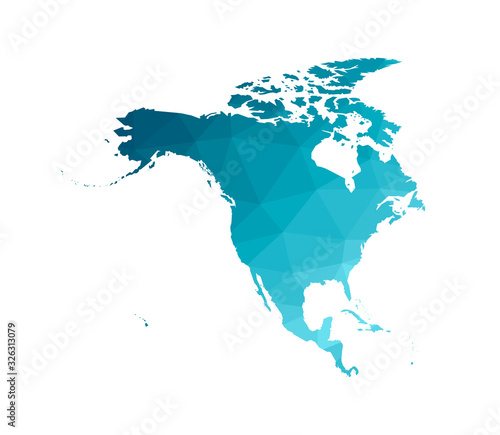 Vector modern illustration with simplified map of North and Cental America continent. Blue gradient colors, low poly triangular silhouettes, white background.