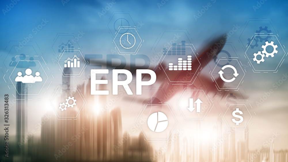 ERP system, Enterprise resource planning on blurred background. Business automation and innovation concept.