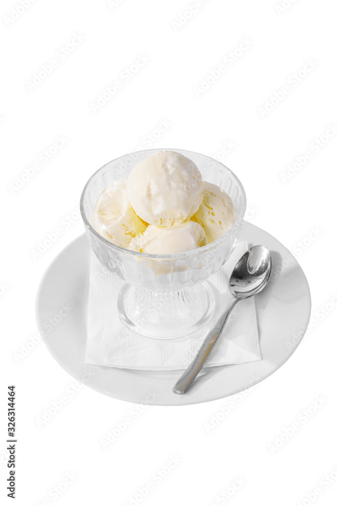 four balls Ice cream dessert, vanilla flavor, isolated on a white background in creamer on a plate with a spoon and a napkin, side view for menu four balls Ice cream dessert, vanilla flavor, isolated on a white background in creamer on a plate with a spoon and a napkin, side view for menu
