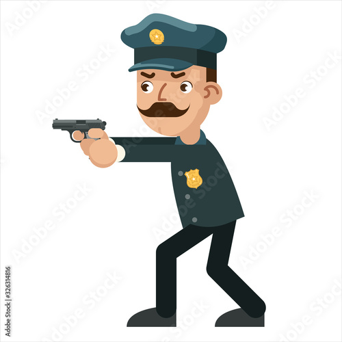 Gun weapon attack shoot policeman character cartoon flat design isolated vector illustration