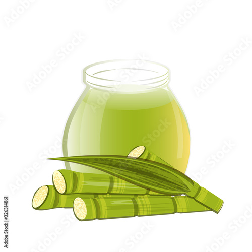 Sugarcane juice isolated on white background. Healthy drink. Heap of cane sticks. Vector EPS 10