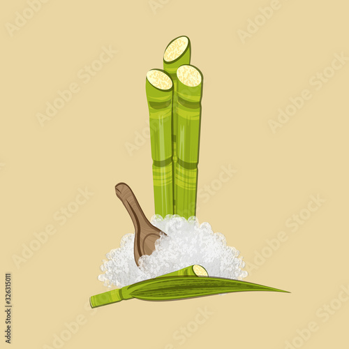 Wooden scoop of sugar. White sand heap or granulated powder of sugarcane. Vector EPS 10