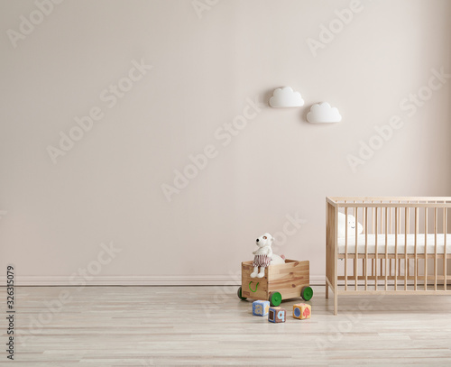 Decorative baby room style with wooden crib, bed, toys and cabinet style. photo