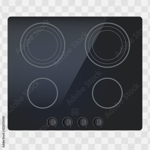 Glass Surface of electric and inductive hob. Domestic kitchen equipment. Above view of electric stove. Editable Vector illustration Isolated on white background.