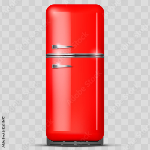Vintage Fridge refrigerator in red retro color. Household appliances. Vector isolated on transparent background.