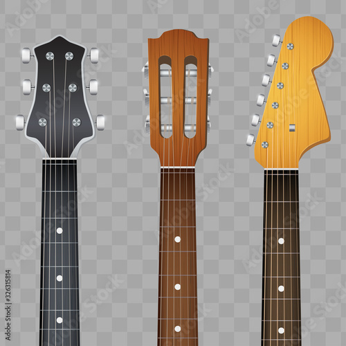 Set of Electro and Acoustic Guitars neck fretboard and headstock. Vector Illustration isolated on transparent background.
