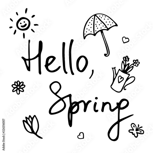 Marker hand drawn illustration. Cute doodle elemets for digital and print. Hand written text Hello spring.