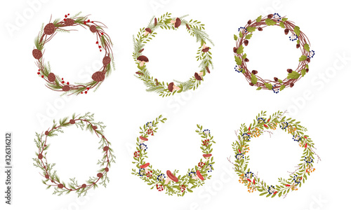 Decorative Wreaths with Branches Entangled with Mushrooms, Berries and Fir Cones Vector Set