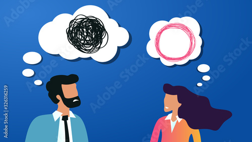 man with speech bubble and tangled line inside and coach girl unraveling dark thoughts of partner on blue background. concept of helping in chaotic thought process, confusion, personality disorder